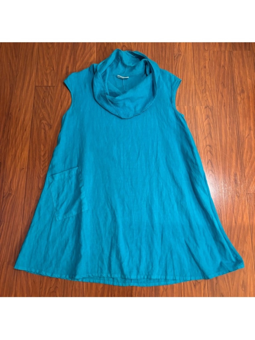 bryn Walker Lagenlook Turquoise Blue Cowl Neck Tunic Dress Womens Medium Linen